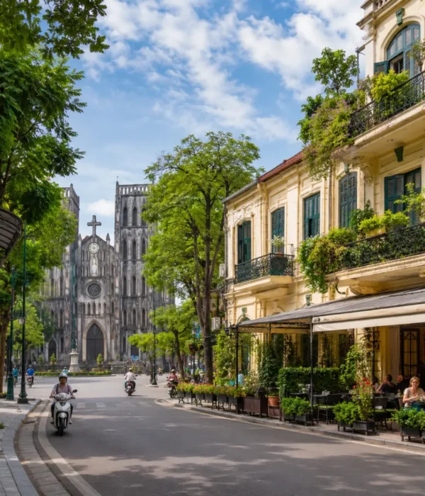 Hanoi street view with St. Joseph’s Cathedral, colonial buildings, green trees, and a bright luxury travel atmosphere.