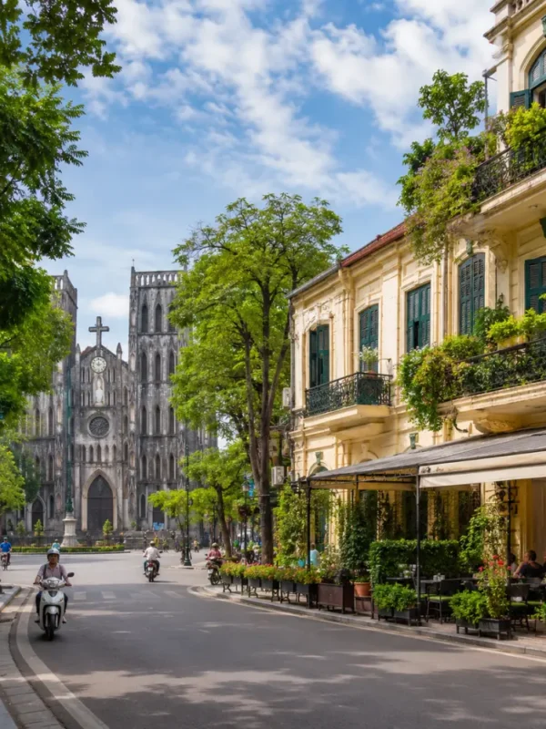 Hanoi street view with St. Joseph’s Cathedral, colonial buildings, green trees, and a bright luxury travel atmosphere.