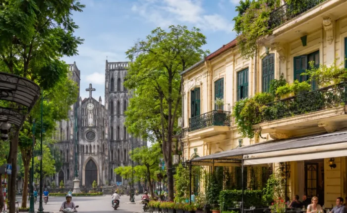 Hanoi street view with St. Joseph’s Cathedral, colonial buildings, green trees, and a bright luxury travel atmosphere.