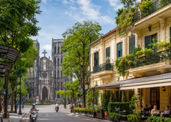 Hanoi street view with St. Joseph’s Cathedral, colonial buildings, green trees, and a bright luxury travel atmosphere.