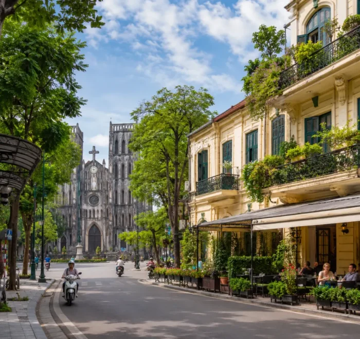Hanoi street view with St. Joseph’s Cathedral, colonial buildings, green trees, and a bright luxury travel atmosphere.