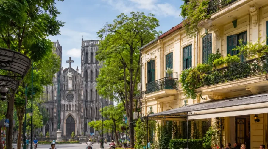 Hanoi street view with St. Joseph’s Cathedral, colonial buildings, green trees, and a bright luxury travel atmosphere.