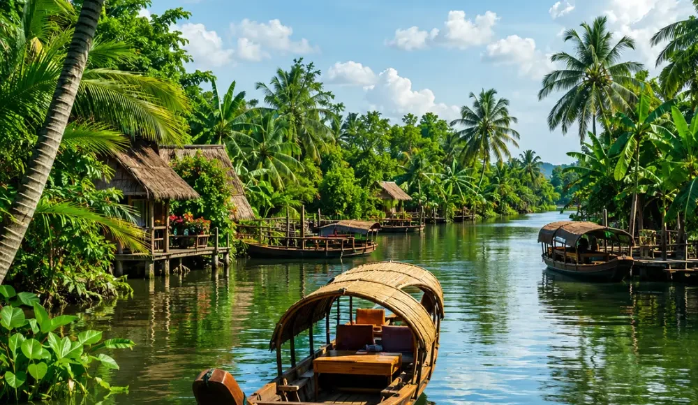 Mekong Delta Vietnam floating market with traditional boats, tropical river scenery, and premium cultural travel atmosphere.