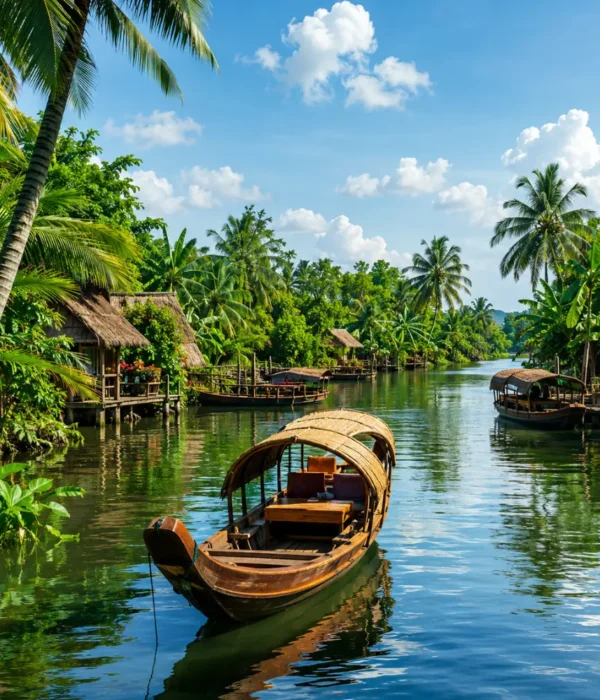 Mekong Delta Vietnam floating market with traditional boats, tropical river scenery, and premium cultural travel atmosphere.