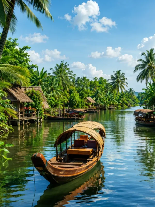 Mekong Delta Vietnam floating market with traditional boats, tropical river scenery, and premium cultural travel atmosphere.