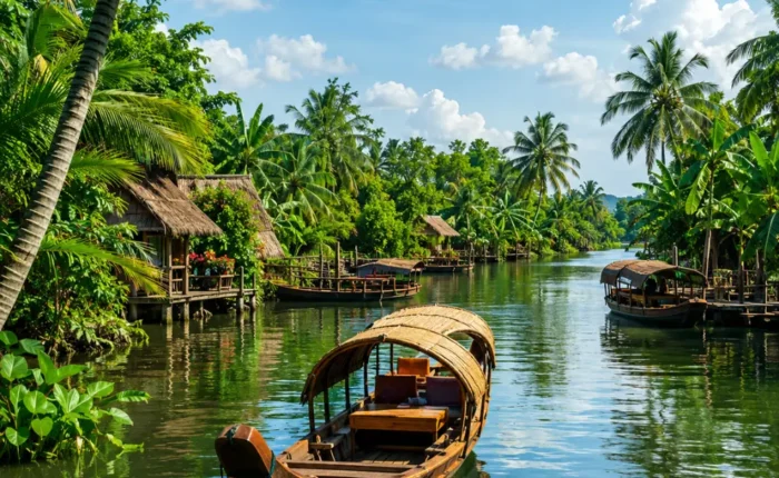 Mekong Delta Vietnam floating market with traditional boats, tropical river scenery, and premium cultural travel atmosphere.