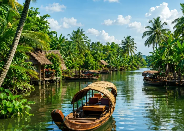 Mekong Delta Vietnam floating market with traditional boats, tropical river scenery, and premium cultural travel atmosphere.