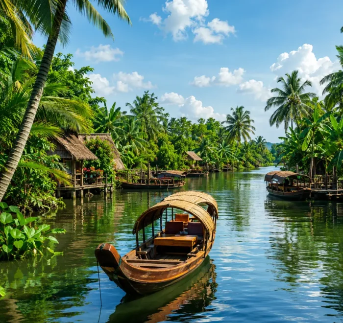 Mekong Delta Vietnam floating market with traditional boats, tropical river scenery, and premium cultural travel atmosphere.