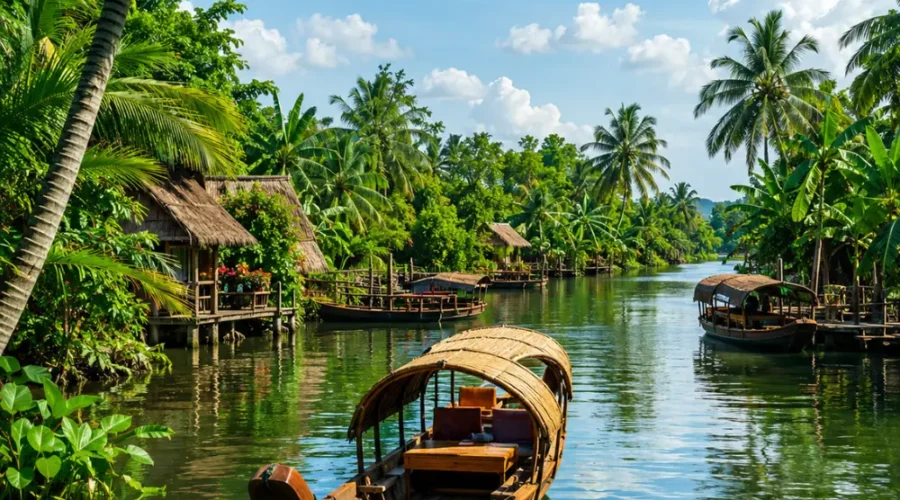 Mekong Delta Vietnam floating market with traditional boats, tropical river scenery, and premium cultural travel atmosphere.