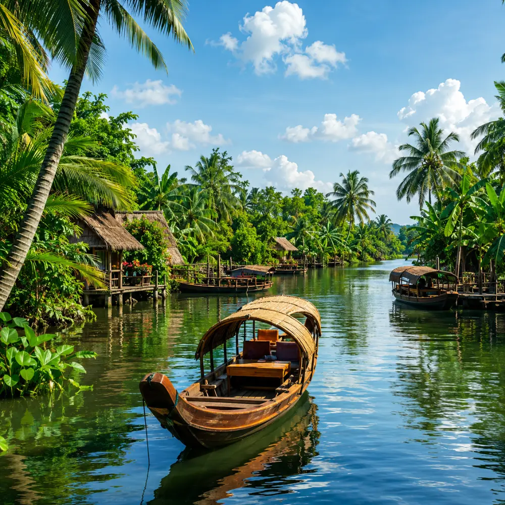 Mekong Delta Vietnam floating market with traditional boats, tropical river scenery, and premium cultural travel atmosphere.