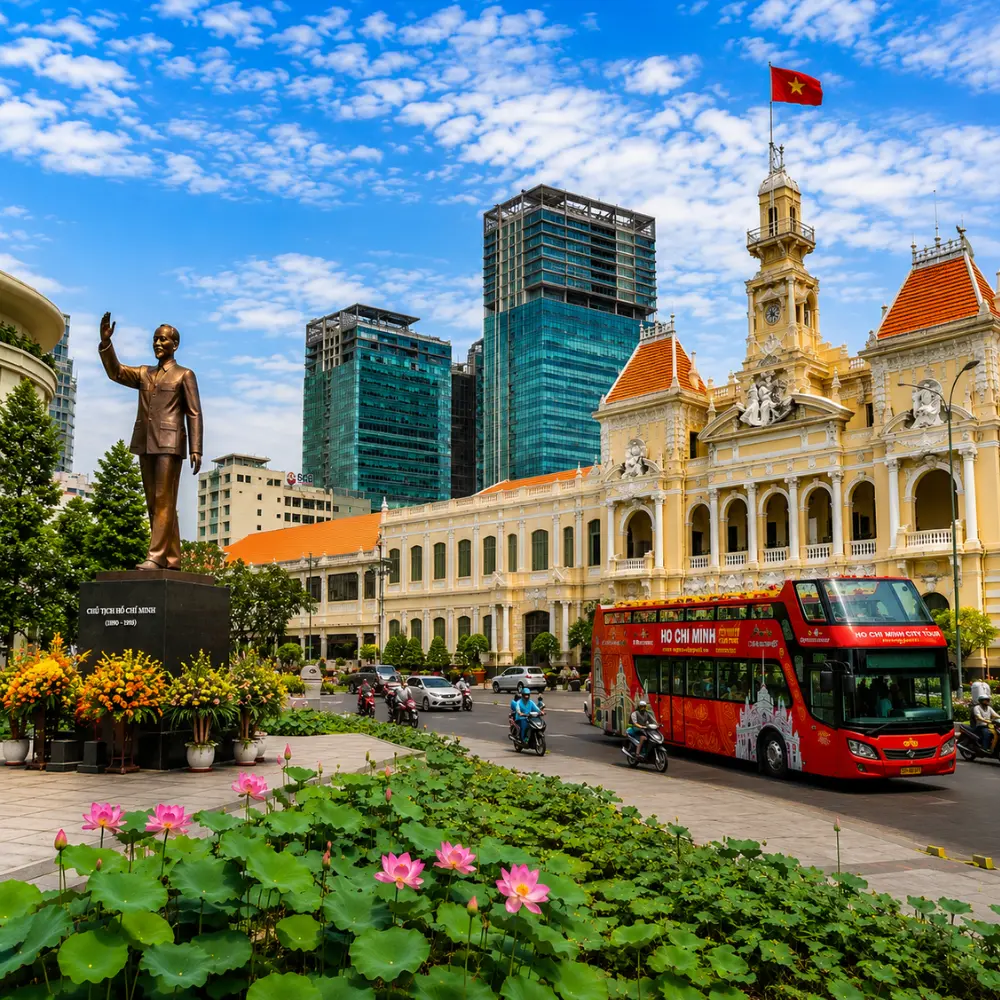 Ho Chi Minh City tour with City Hall, Ho Chi Minh statue, lotus garden, sightseeing bus, and modern Saigon skyline.