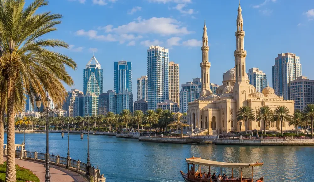 Sharjah UAE with Al Noor Mosque, waterfront skyline, palm trees, and a bright premium cultural travel atmosphere.