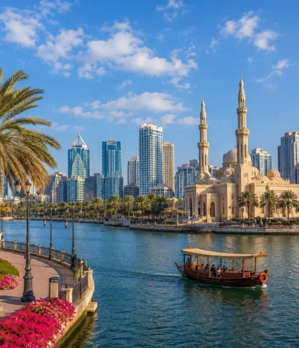 Sharjah UAE with Al Noor Mosque, waterfront skyline, palm trees, and a bright premium cultural travel atmosphere.