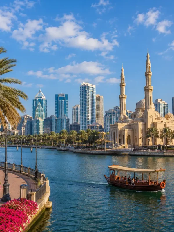 Sharjah UAE with Al Noor Mosque, waterfront skyline, palm trees, and a bright premium cultural travel atmosphere.