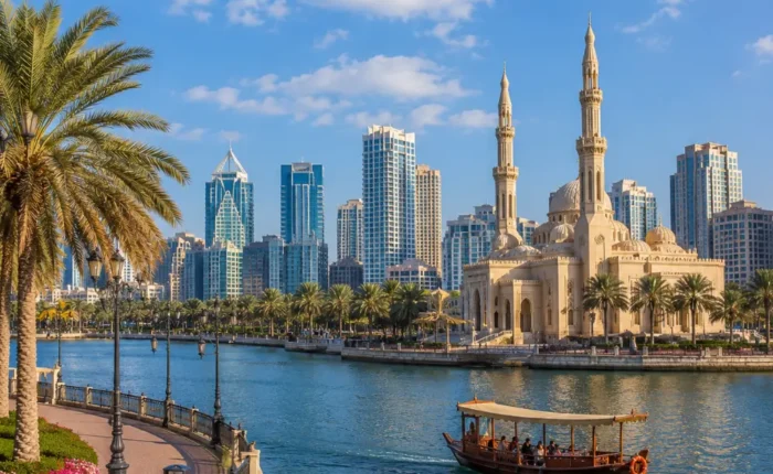 Sharjah UAE with Al Noor Mosque, waterfront skyline, palm trees, and a bright premium cultural travel atmosphere.