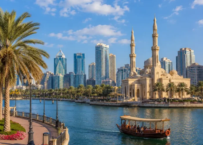 Sharjah UAE with Al Noor Mosque, waterfront skyline, palm trees, and a bright premium cultural travel atmosphere.
