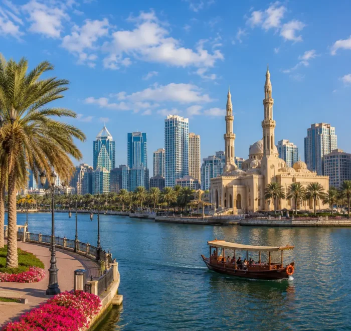 Sharjah UAE with Al Noor Mosque, waterfront skyline, palm trees, and a bright premium cultural travel atmosphere.