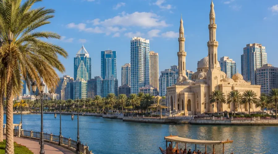 Sharjah UAE with Al Noor Mosque, waterfront skyline, palm trees, and a bright premium cultural travel atmosphere.