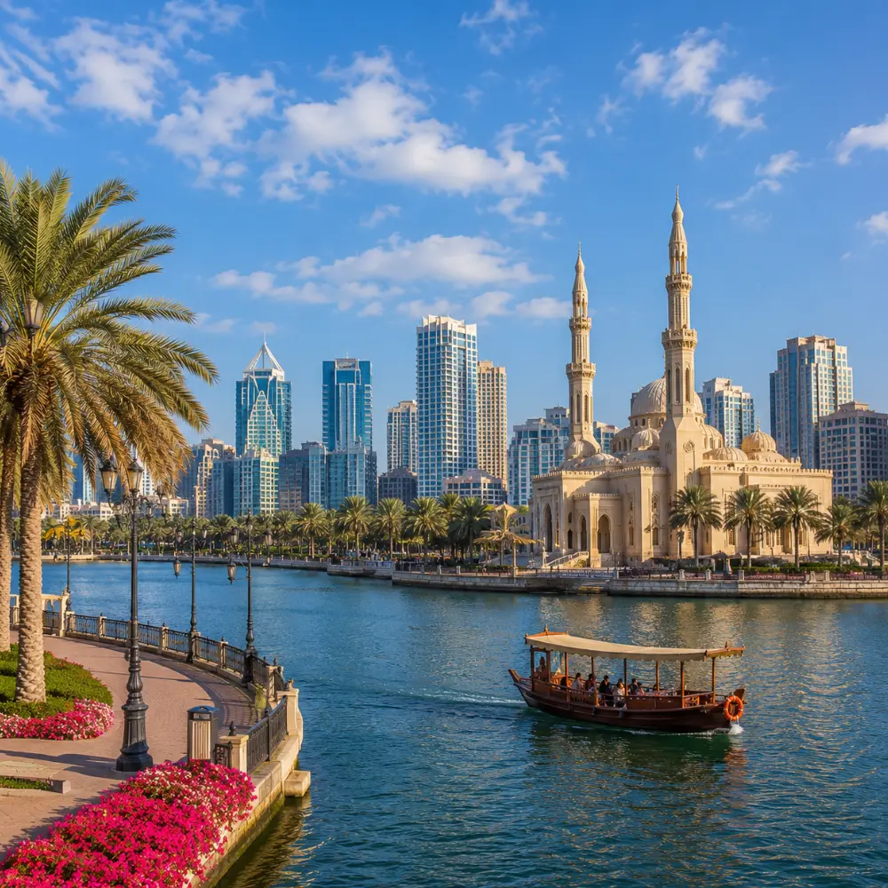 Sharjah UAE with Al Noor Mosque, waterfront skyline, palm trees, and a bright premium cultural travel atmosphere.