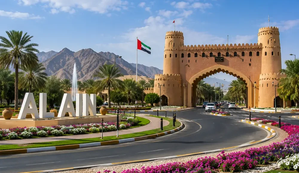 Al Ain UAE with Jebel Hafeet mountain, desert oasis scenery, palm groves, and a premium cultural travel atmosphere.