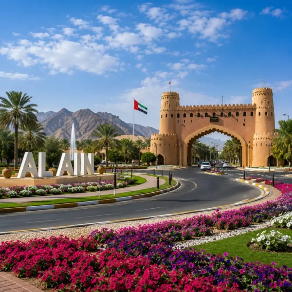 Al Ain UAE with Jebel Hafeet mountain, desert oasis scenery, palm groves, and a premium cultural travel atmosphere.