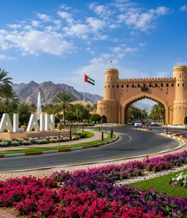 Al Ain UAE with Jebel Hafeet mountain, desert oasis scenery, palm groves, and a premium cultural travel atmosphere.