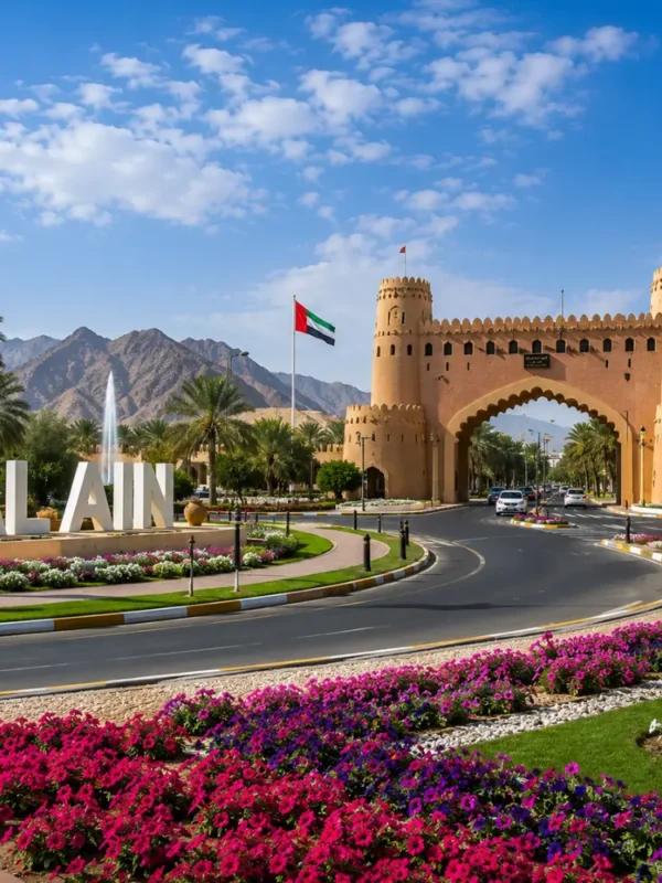 Al Ain UAE with Jebel Hafeet mountain, desert oasis scenery, palm groves, and a premium cultural travel atmosphere.