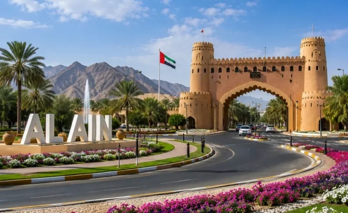 Al Ain UAE with Jebel Hafeet mountain, desert oasis scenery, palm groves, and a premium cultural travel atmosphere.
