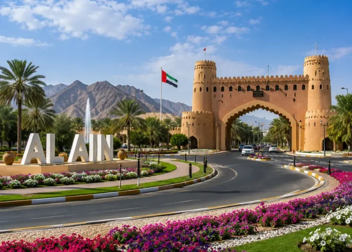 Al Ain UAE with Jebel Hafeet mountain, desert oasis scenery, palm groves, and a premium cultural travel atmosphere.
