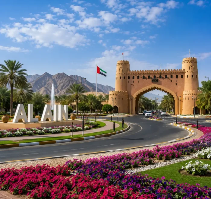 Al Ain UAE with Jebel Hafeet mountain, desert oasis scenery, palm groves, and a premium cultural travel atmosphere.