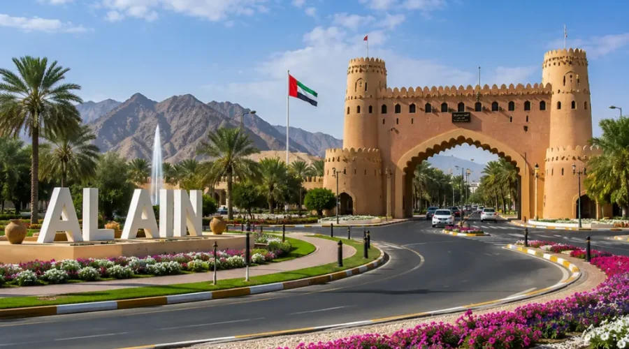 Al Ain UAE with Jebel Hafeet mountain, desert oasis scenery, palm groves, and a premium cultural travel atmosphere.