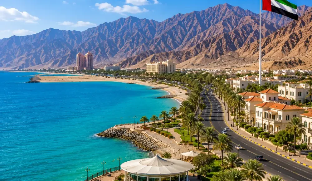 Ras Al Khaimah coastal tour with turquoise Arabian Gulf waters, luxury beachfront resorts, palm-lined roads, and mountain views.