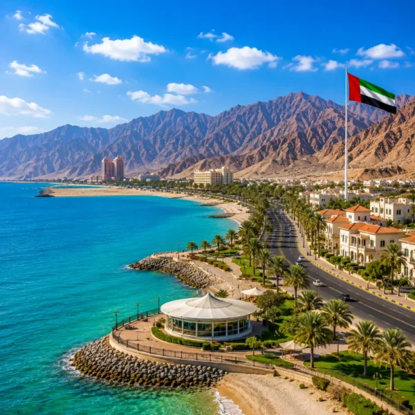 Ras Al Khaimah coastal tour with turquoise Arabian Gulf waters, luxury beachfront resorts, palm-lined roads, and mountain views.