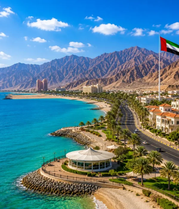 Ras Al Khaimah coastal tour with turquoise Arabian Gulf waters, luxury beachfront resorts, palm-lined roads, and mountain views.