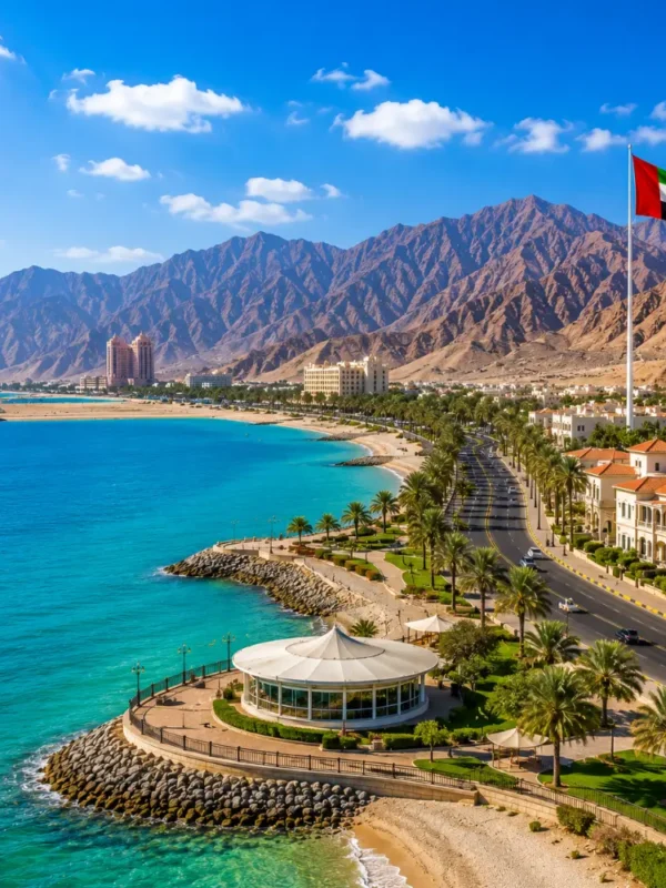 Ras Al Khaimah coastal tour with turquoise Arabian Gulf waters, luxury beachfront resorts, palm-lined roads, and mountain views.