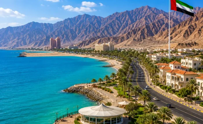 Ras Al Khaimah coastal tour with turquoise Arabian Gulf waters, luxury beachfront resorts, palm-lined roads, and mountain views.