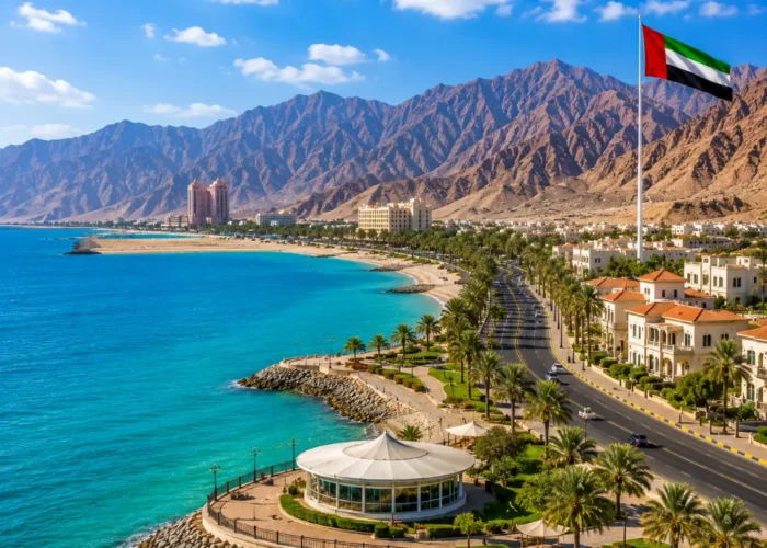 Ras Al Khaimah coastal tour with turquoise Arabian Gulf waters, luxury beachfront resorts, palm-lined roads, and mountain views.