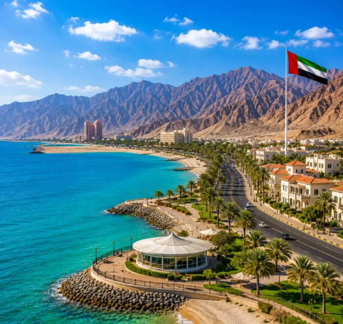 Ras Al Khaimah coastal tour with turquoise Arabian Gulf waters, luxury beachfront resorts, palm-lined roads, and mountain views.