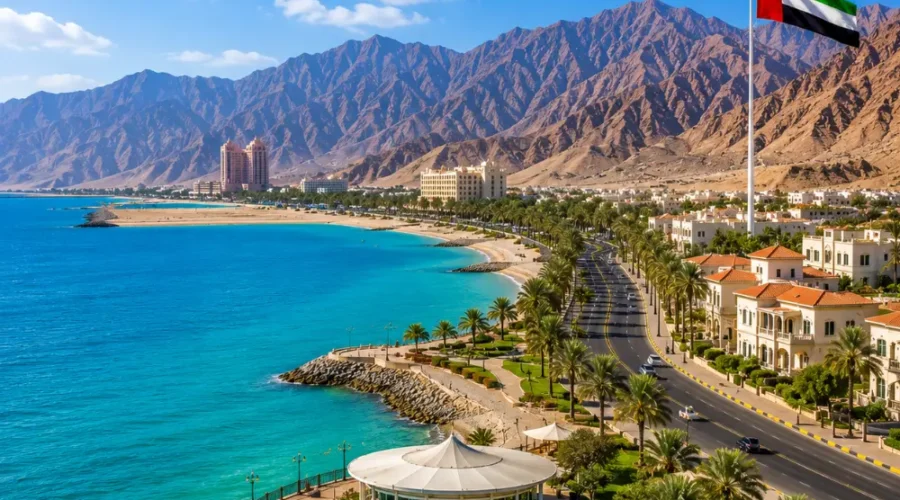 Ras Al Khaimah coastal tour with turquoise Arabian Gulf waters, luxury beachfront resorts, palm-lined roads, and mountain views.