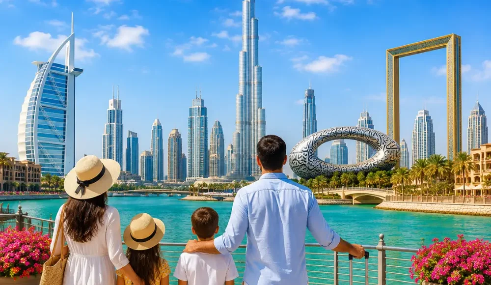 Dubai family tour with Burj Khalifa, luxury skyline, waterfront views, palm trees, and a bright premium holiday atmosphere.