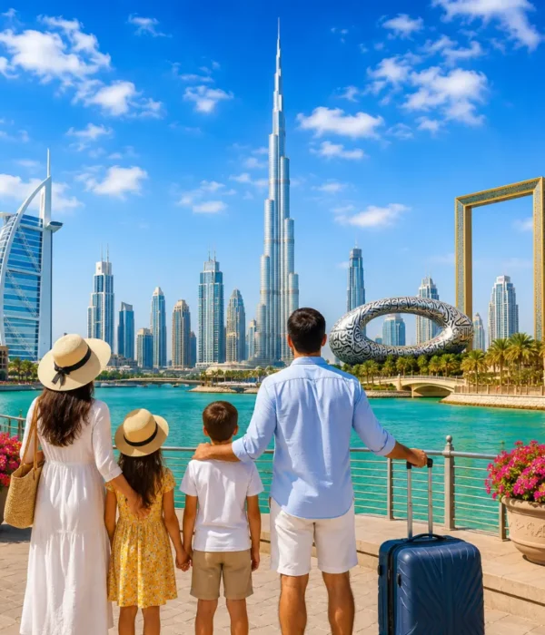 Dubai family tour with Burj Khalifa, luxury skyline, waterfront views, palm trees, and a bright premium holiday atmosphere.