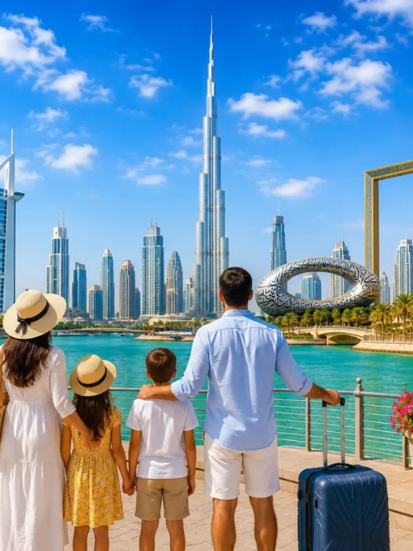 Dubai family tour with Burj Khalifa, luxury skyline, waterfront views, palm trees, and a bright premium holiday atmosphere.