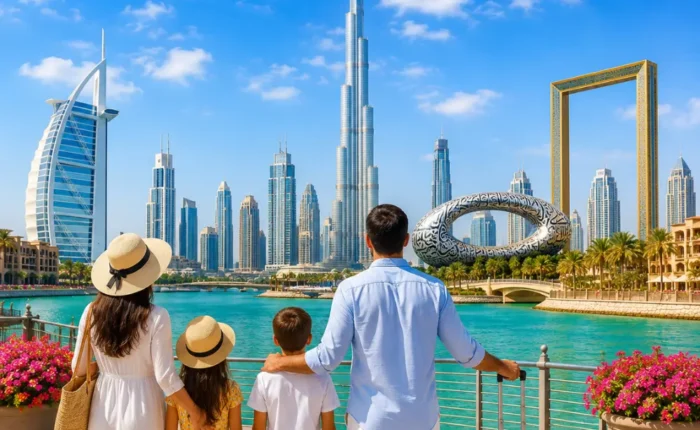 Dubai family tour with Burj Khalifa, luxury skyline, waterfront views, palm trees, and a bright premium holiday atmosphere.