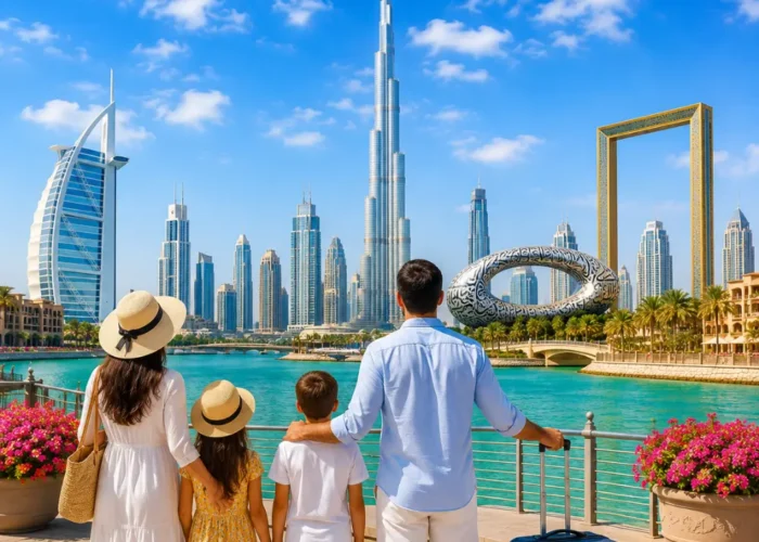Dubai family tour with Burj Khalifa, luxury skyline, waterfront views, palm trees, and a bright premium holiday atmosphere.