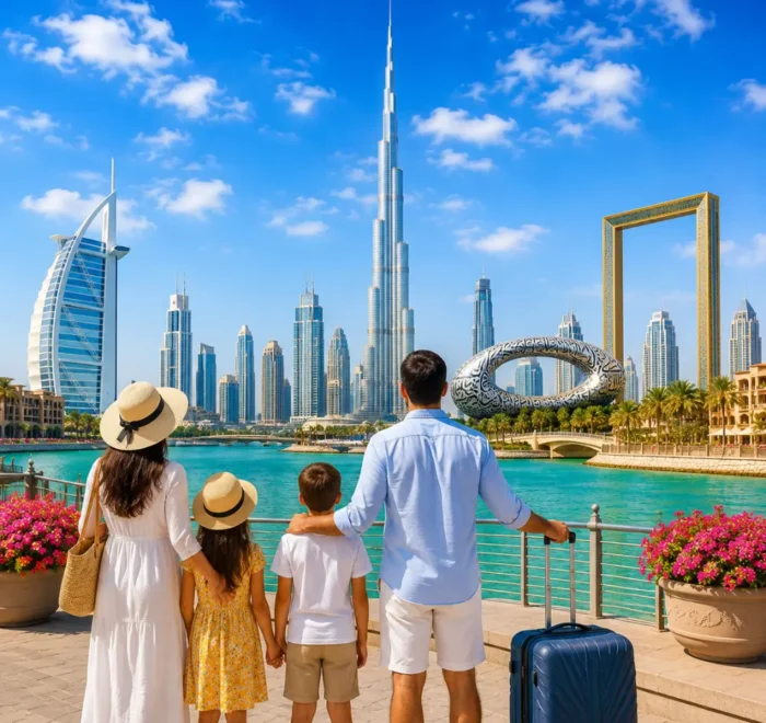 Dubai family tour with Burj Khalifa, luxury skyline, waterfront views, palm trees, and a bright premium holiday atmosphere.
