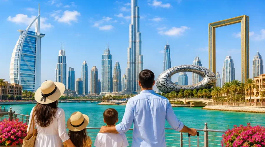 Dubai family tour with Burj Khalifa, luxury skyline, waterfront views, palm trees, and a bright premium holiday atmosphere.