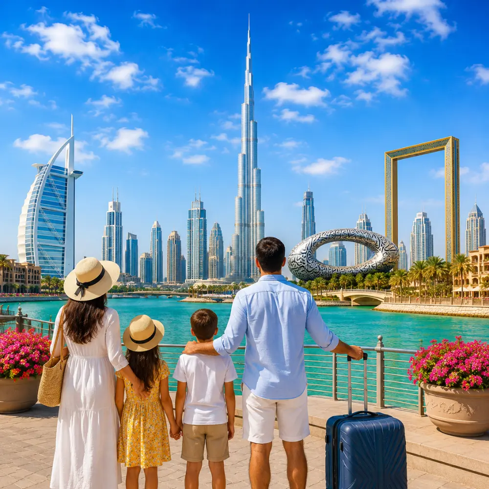 Dubai family tour with Burj Khalifa, luxury skyline, waterfront views, palm trees, and a bright premium holiday atmosphere.