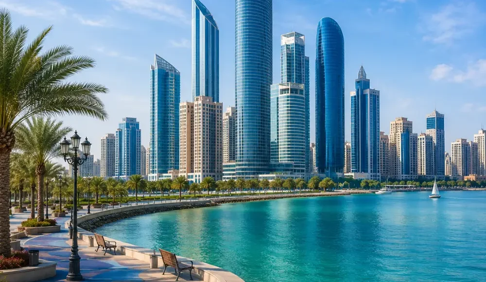 Abu Dhabi city skyline with modern waterfront towers, turquoise sea, palm promenade, and a premium luxury UAE travel atmosphere.