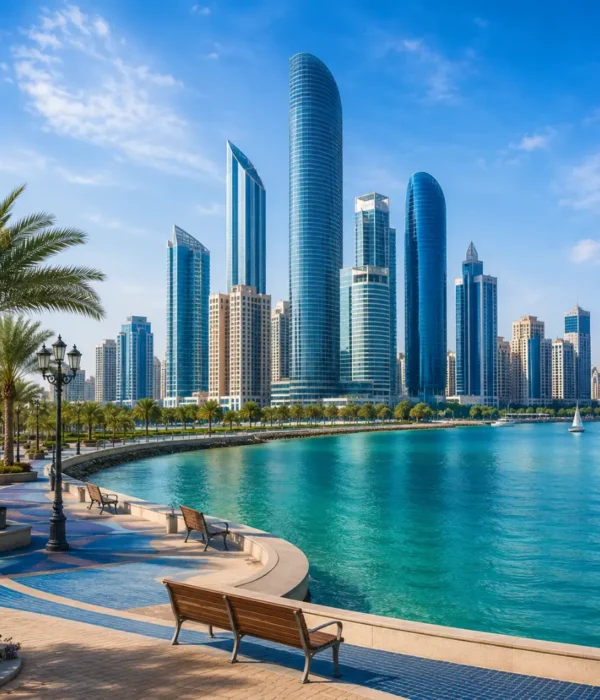 Abu Dhabi city skyline with modern waterfront towers, turquoise sea, palm promenade, and a premium luxury UAE travel atmosphere.
