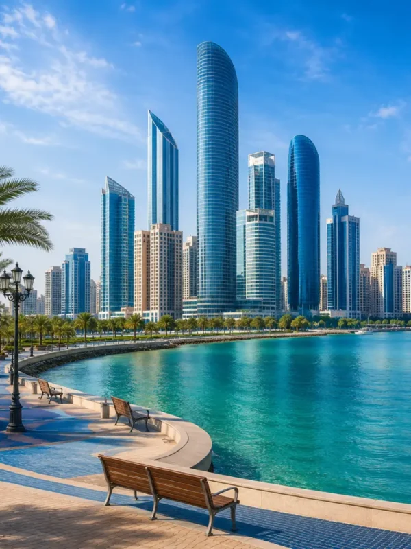 Abu Dhabi city skyline with modern waterfront towers, turquoise sea, palm promenade, and a premium luxury UAE travel atmosphere.